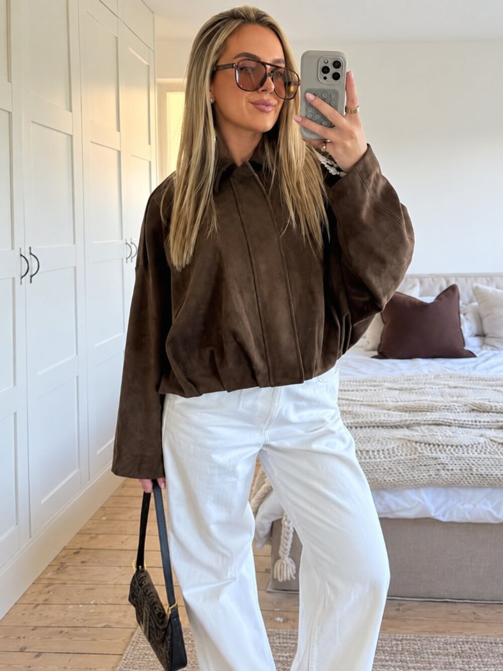 Womens Cropped Faux Suede Bomber Jacket - Chocolate Brown